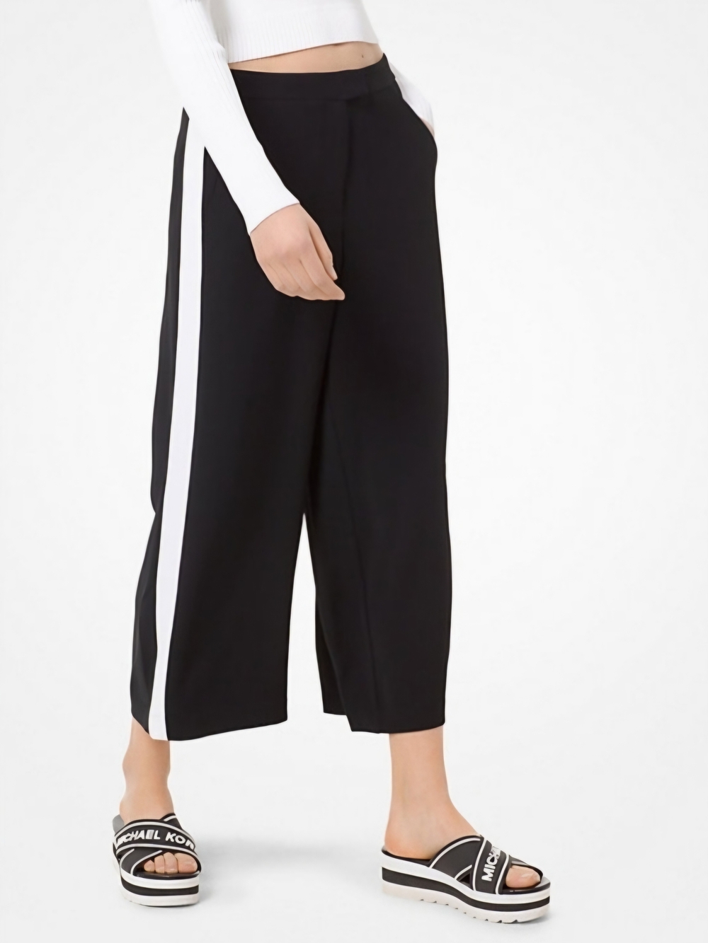 Michael Kors Black Cropped Wide Leg Pants with White Side Stripe